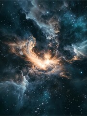 Fototapeta premium Cosmic Nebula: An ethereal cosmic nebula unfolds before us, a swirling canvas of gas and dust illuminated by distant stars. The nebula's vibrant hues of blue.