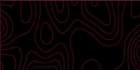 Abstract red on black background with Topographic line map pattern. abstract wavy and curved lines background. linear map. Dark seamless design. Bold tile able isolines pattern. Vector illustration.