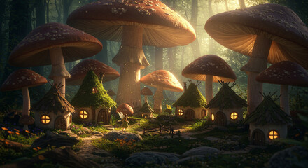 Enchanted Mushroom Forest Village Fantasy Art Digital Painting