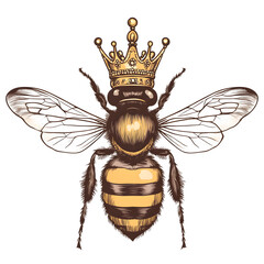 Illustration of a bee wearing a golden crown with intricate details against a black background