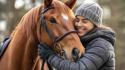 Rider, woman and bonding with horse outdoor in forest for companion, training and relax from practice. Equestrian, person and stallion in countryside with embrace, smile and hug animal in nature