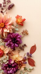 Obraz premium Floral Arrangement of Dahlias and Alstroemeria on a Soft Beige Background with Natural Light and Delicate Details for a Fresh and Elegant Aesthetic