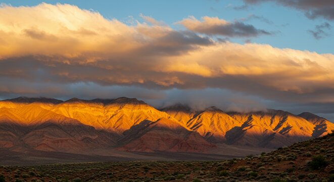 Golden Hour Mountain Majesty: A Breathtaking Sunset over Majestic Peaks - Powered by Adobe