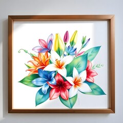 Abstract hyper realistic watercolor painting of a small, detailed tropical flower bouquet inside a frame, isolated on white background art illustration design