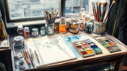 watercolor paints and brushes