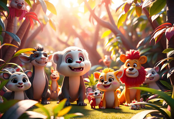 Fototapeta premium Cute Animals In The Jungle With Happy Little Creatures Smiling