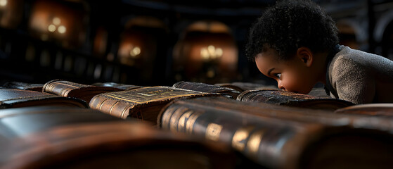 Child engrossed in ancient books
