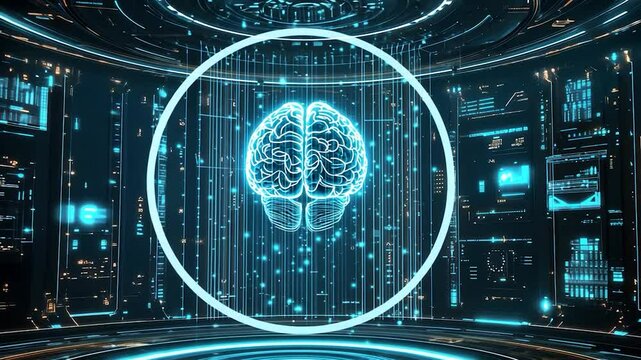 Futuristic brain interface in a digital control room