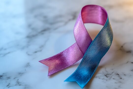 Pink and blue ribbon on marble background supporting pregnancy and infant loss awareness