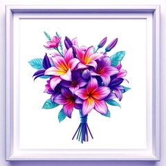 Obraz premium Abstract hyper realistic watercolor painting of a small, detailed tropical flower bouquet inside a frame, isolated on white background art illustration design