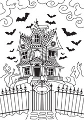 Fototapeta premium Spooky Haunted House with Bats and Gate Halloween Coloring Page Adult coloring page