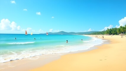 Fototapeta premium Beach Scene with People Swimming and Sailboats on a Sunny Day