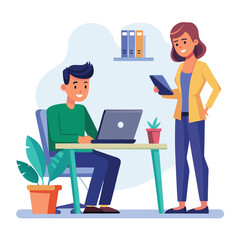 man sitting at his desk working on laptop, with woman standing near him holding phone, designed in flat style vector 

