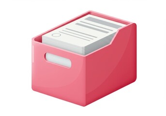 Isolated pink document organizer filled with white paper sheets