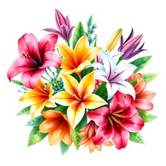 Obraz premium Abstract hyper realistic watercolor painting of a small, detailed tropical flower bouquet inside a frame, isolated on white background art illustration design