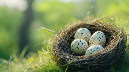 Obraz premium Nest with easter eggs in grass on a sunny spring day. - Easter decoration, banner, panorama, background