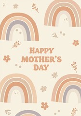 Cheerful Mother’s Day card with pastel rainbow patterns and flower elements on a light background, expressing happiness, love, and appreciation.