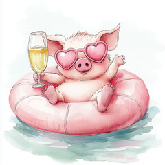 Obraz premium A pink piglet wearing pink heart-shaped glasses, holding a glass of champagne, lying on its back on a flamingo float that is floating in the water. isolated on a white background