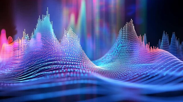 Colorful sound waves and vibrant peaks create mesmerizing digital visualization of audio frequencies, showcasing rhythmic valleys and evoking sense of energy and movement.