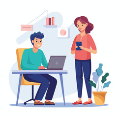 man sitting at his desk working on laptop, with woman standing near him holding phone, designed in flat style vector 
