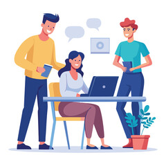 man sitting at his desk working on laptop, with woman standing near him holding phone, designed in flat style vector 
