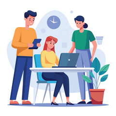 man sitting at his desk working on laptop, with woman standing near him holding phone, designed in flat style vector 

