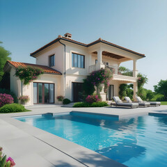 A two-story detached villa with a sparkling swimming pool, modern design.