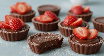 Mini chocolate tartlets with a smooth ganache filling and topped with fresh strawberries and a dusting of powdered sugar