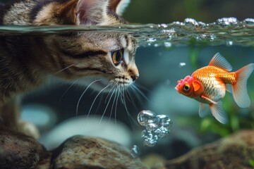 Curious tabby cat observing colorful goldfish in aquatic habitat