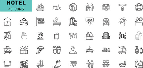 Hotel Service Icons Set Hospitality Travel Booking Vector Line Icons Collection