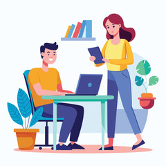 man sitting at his desk working on laptop, with woman standing near him holding phone, designed in flat style vector 
