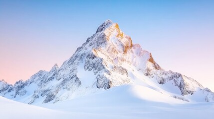 Snowy Mountain Peak with Glaciers Serene High-definition Landscape Wide Shot Majestic Sunrise View Alpine Scenery Pastel Hues Perfect for Travel Ads