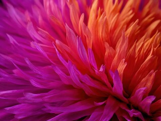 Vibrant dahlia flower petals in shades of orange and magenta close up macro photography showing detail and texture with a soft focus and artistic style