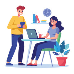 man sitting at his desk working on laptop, with woman standing near him holding phone, designed in flat style vector 
