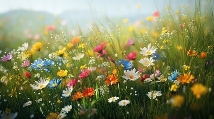 Vibrant abstract spring meadow with layered colors and textures, playful floral motifs