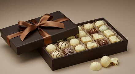Luxury gift box filled with handcrafted white chocolate pieces in different shapes and textures