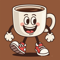 A cheerful cartoon coffee cup character with sneakers, arms and a big smile.