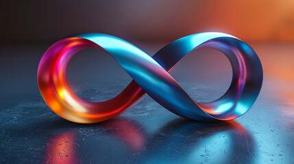 Modern gently glowing and iridescent infinity symbol on dark blue background. Endless. Symbol of movement for rights and acceptance of autism. World Autism Awareness and Neurodiversity Day. Copy space