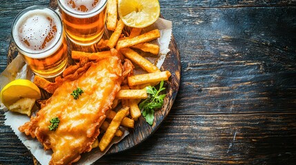 Crispy fish chips beer pub fare Crispy fish and fries served with beers and lemon slices.