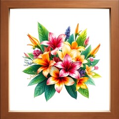 Fototapeta premium Abstract hyper realistic watercolor painting of a small, detailed tropical flower bouquet inside a frame, isolated on white background art illustration design