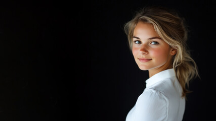 Fototapeta premium French business woman in white shirt smiling isolated on black background