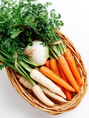 Freshly Harvested Root Vegetables in Wicker Basket Carrots Parsnips and Onion on White Background Top Down View Natural Light Healthy Eating Concept