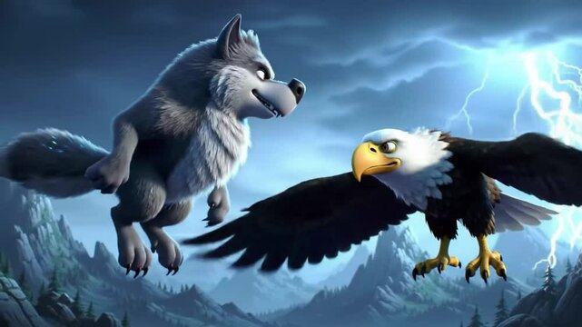 Cartoon Wolf Confronting Eagle During Lightning Storm Animated Scene