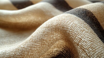 Close-up of textured fabric with beige and brown stripes.  Fabric's weave clearly visible