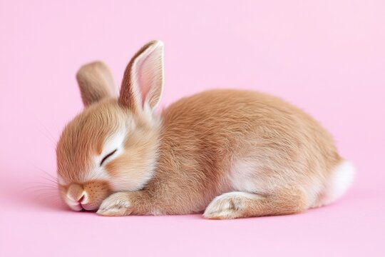 Adorable sleeping baby bunny on pink background