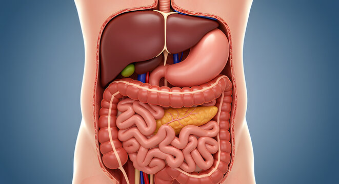 Detailed 3D Model of Human Digestive System Anatomy:  Internal Organs, Liver, Stomach, Pancreas, Intestines, Gallbladder Visualization