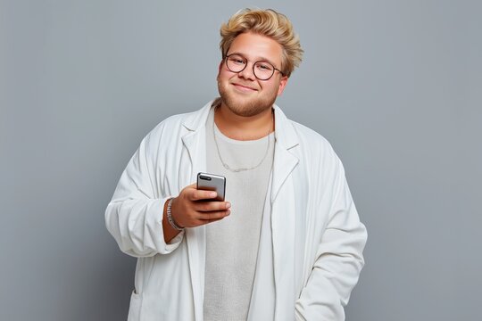 A man with glasses and a beard is holding a cell phone. He is smiling and he is happy