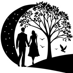 Silhouette of a couple walking hand in hand through a tranquil park at sunset