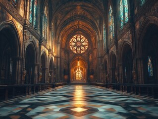 Obraz premium Majestic cathedral interior with stained glass, illuminated by sunlight, serene ambiance