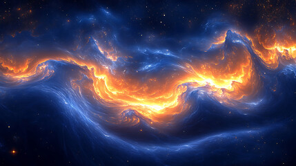 Abstract cosmic cloud with golden hues in dark blue space nebulae and stars background concept for science